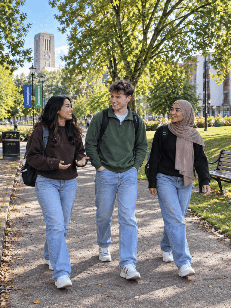Campus friends walking and chatting