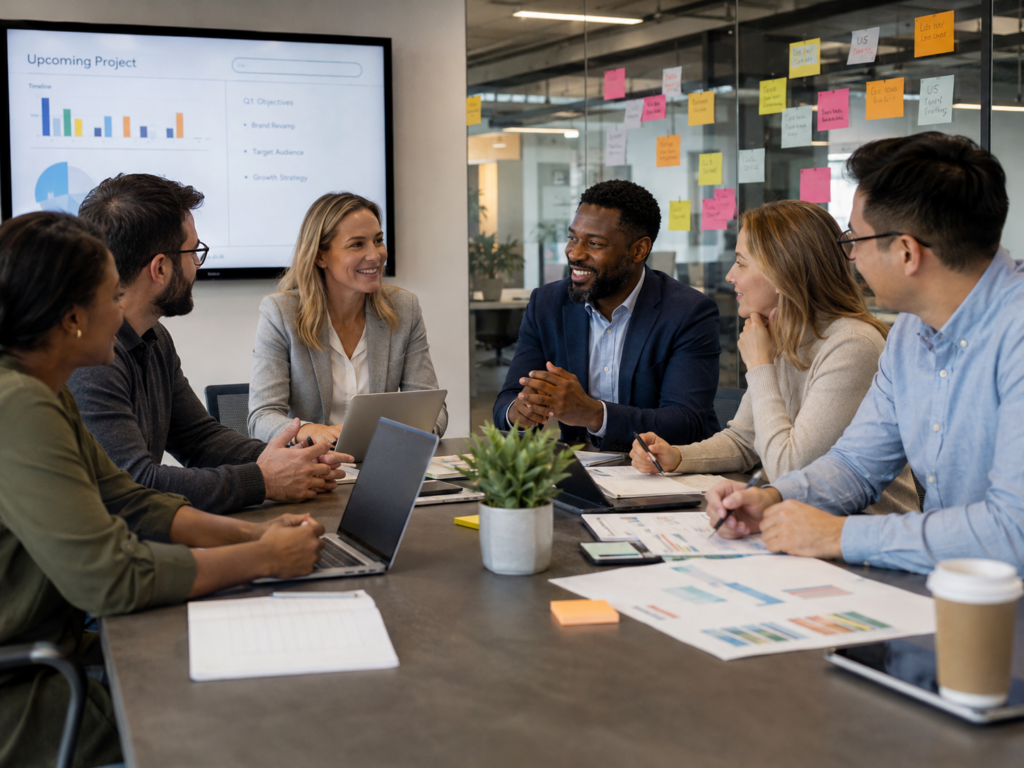 finance team meeting in an office